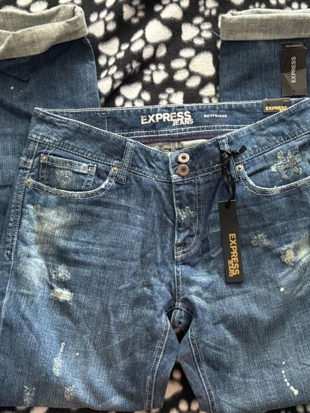 Express Boyfriend Jeans Size 6 Distressed Bleach Splatter Denim NWT - Picture 2 of 6